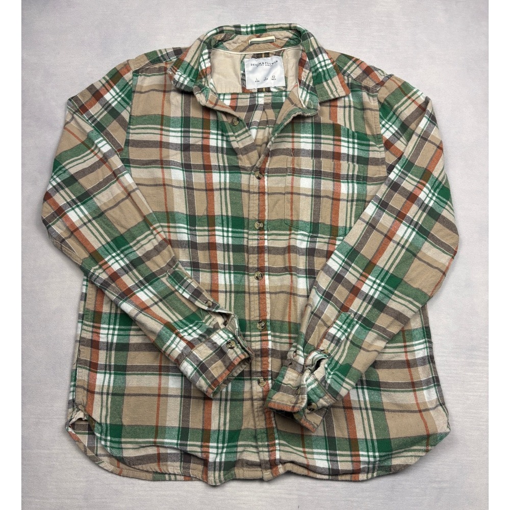 Denim & Flower Ricky Singh Mens Large Plaid Flannel Button Down Shirt Green Tan